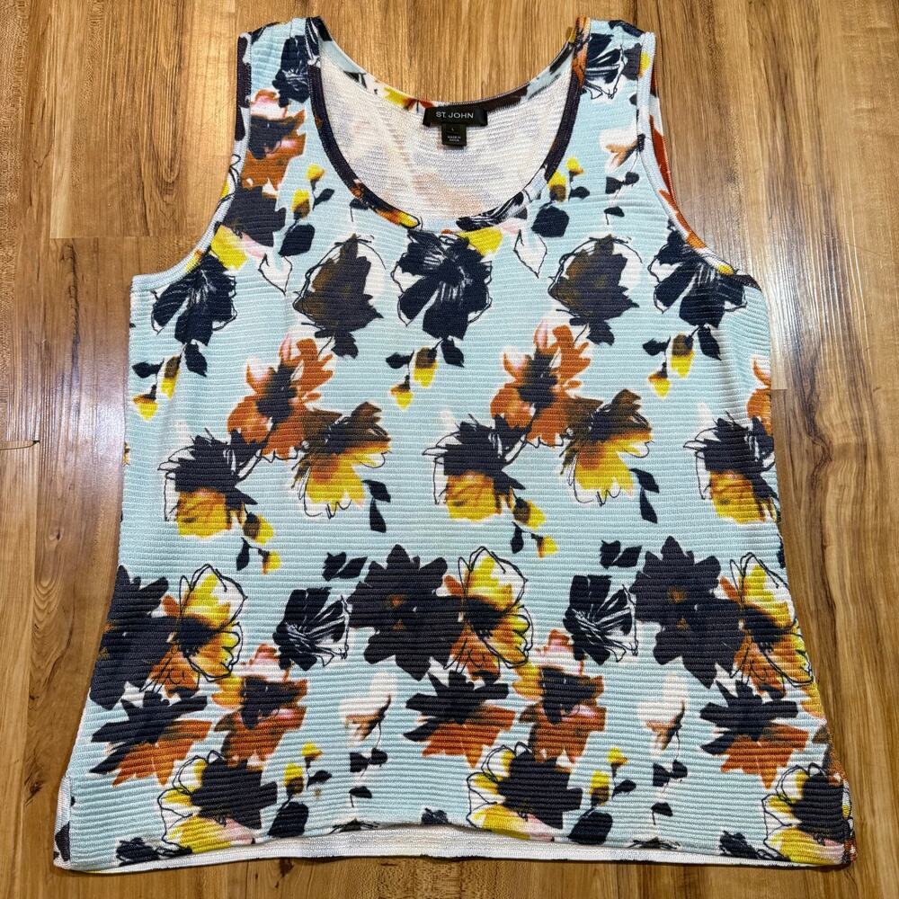 St. John Blue Floral Welted Knit Summer Rayon Wool Tank L